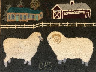Signed Vintage American Folk Art Pictorial Sheep Hooked Rug Cleland Selby 1990 3