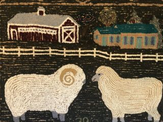 Signed Vintage American Folk Art Pictorial Sheep Hooked Rug Cleland Selby 1990 8