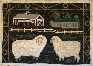 Signed Vintage American Folk Art Pictorial Sheep Hooked Rug Cleland Selby 1990 9