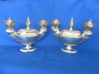 Pair Victorian C1889 Silver Plated Double Hinks Burners Oil Lamps London Made