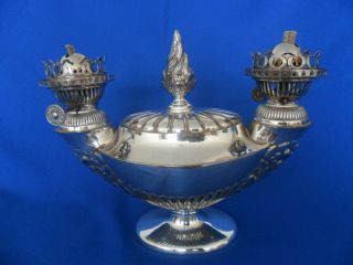 PAIR VICTORIAN c1889 SILVER PLATED DOUBLE HINKS BURNERS OIL LAMPS LONDON MADE 2