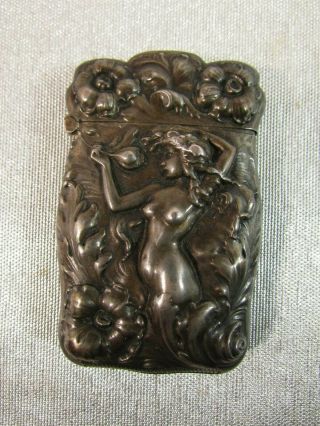 Antique Sterling Silver Match Safe Art Nouveau Vesta Nude Woman Depiction Beauty