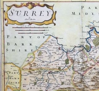 Antique Map of SURREY c1695 by Robert Morden engraved,  hand colour 3