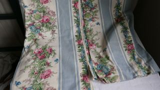 Vintage French Curtains Furnishing Fabric Panels Blue Pink Cabbages Roses Cotton 10