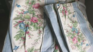 Vintage French Curtains Furnishing Fabric Panels Blue Pink Cabbages Roses Cotton 11