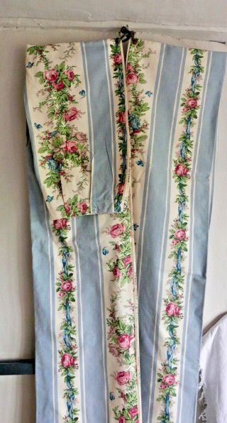 Vintage French Curtains Furnishing Fabric Panels Blue Pink Cabbages Roses Cotton