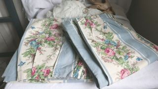 Vintage French Curtains Furnishing Fabric Panels Blue Pink Cabbages Roses Cotton 2