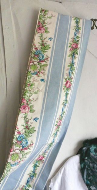 Vintage French Curtains Furnishing Fabric Panels Blue Pink Cabbages Roses Cotton 3