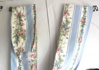 Vintage French Curtains Furnishing Fabric Panels Blue Pink Cabbages Roses Cotton 4