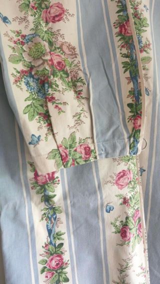 Vintage French Curtains Furnishing Fabric Panels Blue Pink Cabbages Roses Cotton 5