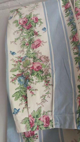 Vintage French Curtains Furnishing Fabric Panels Blue Pink Cabbages Roses Cotton 7