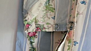 Vintage French Curtains Furnishing Fabric Panels Blue Pink Cabbages Roses Cotton 8