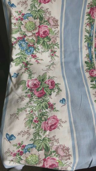 Vintage French Curtains Furnishing Fabric Panels Blue Pink Cabbages Roses Cotton 9