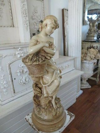 Gorgeous Old Vintage Statue Elegant Woman Basket Of Rose Birds Nest Of Eggs