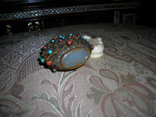 ANTIQUE CHINESE WHITE AGATE CORAL TURQUOISE GILT SILVER SNUFF BOTTLE 3 