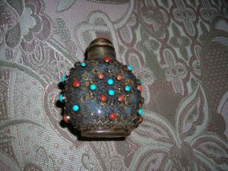 ANTIQUE CHINESE WHITE AGATE CORAL TURQUOISE GILT SILVER SNUFF BOTTLE 3 