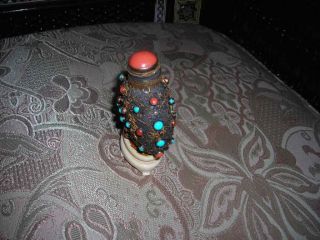 ANTIQUE CHINESE WHITE AGATE CORAL TURQUOISE GILT SILVER SNUFF BOTTLE 3 