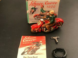C.  1950 Us Zone Germany Schuco Curvo 1000 Tin Clockwork Motorcycle Toy