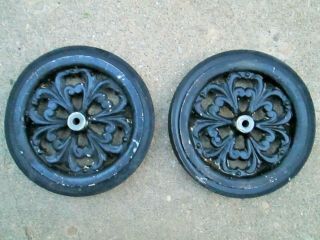 Pair Vtg Antique Decorative Cast Aluminum Rubber Tire Wheels Garden Cart Wagon