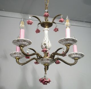 Antique Vintage Chandelier Bronze Porcelain Italy Roses Pink Crystals Fixture 2