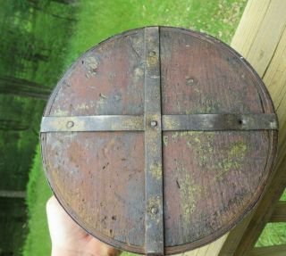 Rare Bent wood and metal primitive round storage box GRAIN MEASURE? 6