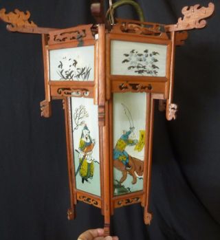 Antique Light Sconce Fixture Chinese Lantern Reverse Painting Fretwork,  Hanger