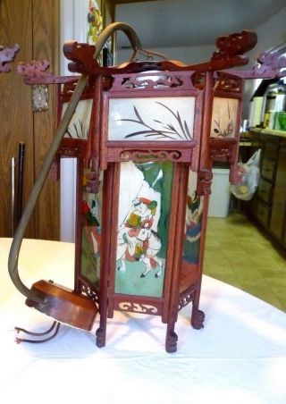 Antique Light Sconce Fixture Chinese Lantern Reverse Painting Fretwork,  Hanger 2