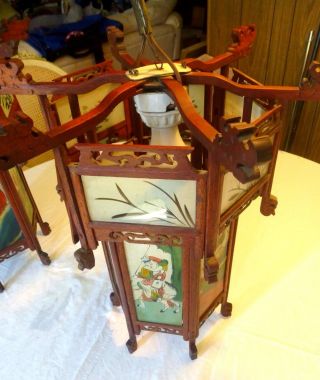 Antique Light Sconce Fixture Chinese Lantern Reverse Painting Fretwork,  Hanger 7