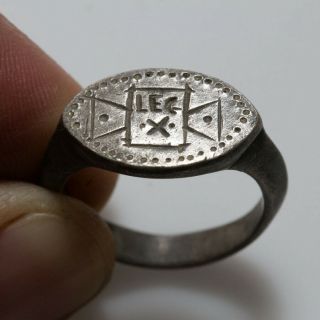 Museum Quality Late Roman Military Silver Ring With Carved Designs Legion X