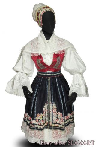 Rare 1900s Czech Folk Costume Kyjov Kroj Embroidered Apron Blouse Skirt Vest Old