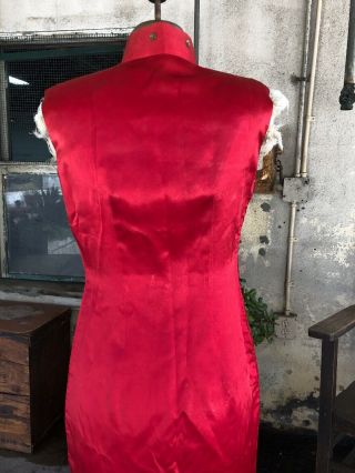 Vintage 1940s Chinese Qipao Cheongsam Red Silk Embroidery Banner Dress Dragon 12