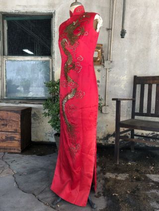 Vintage 1940s Chinese Qipao Cheongsam Red Silk Embroidery Banner Dress Dragon