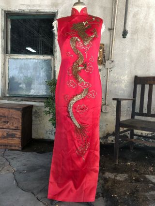 Vintage 1940s Chinese Qipao Cheongsam Red Silk Embroidery Banner Dress Dragon 4