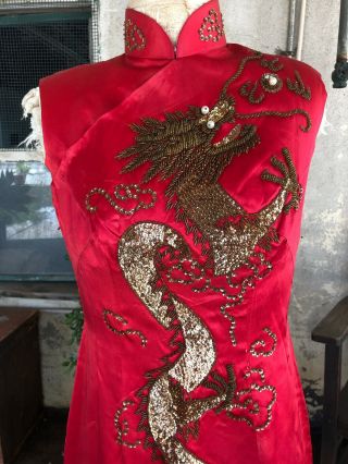 Vintage 1940s Chinese Qipao Cheongsam Red Silk Embroidery Banner Dress Dragon 5