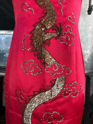 Vintage 1940s Chinese Qipao Cheongsam Red Silk Embroidery Banner Dress Dragon 6