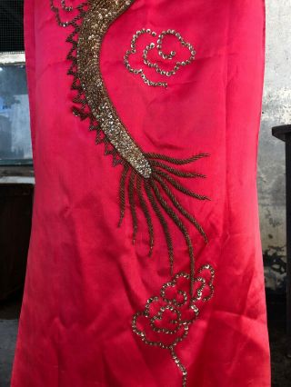 Vintage 1940s Chinese Qipao Cheongsam Red Silk Embroidery Banner Dress Dragon 7