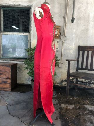 Vintage 1940s Chinese Qipao Cheongsam Red Silk Embroidery Banner Dress Dragon 9