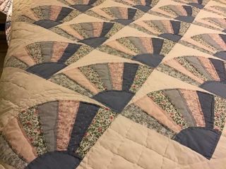 Antique Quilt Hand Sewn Ohio Print Fan Design 84” By 84”full Size Vgc