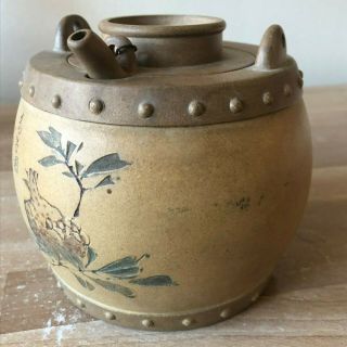 Antique Chinese Yixing Teapot Barrel Shape Pomegranate Design Signed 10