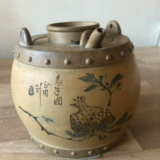 Antique Chinese Yixing Teapot Barrel Shape Pomegranate Design Signed 11