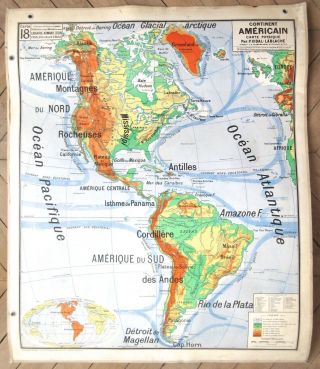 Vintage French School Wall Map Poster,  Americas North America South America 1965