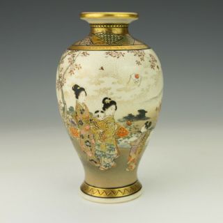 Antique Japanese Satsuma Pottery - Hand Painted & Gilded Figures Vase