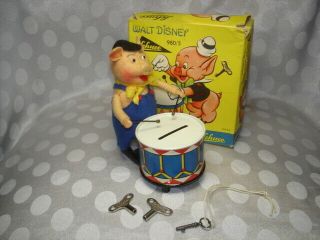 Great Vintage Schuco Walt Disney Pig Drummer Bank Windup Toy W/ Key & Box