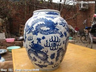 13 China Folk Old Blue And White Porcelain Six Dragon Jar Tank Crock Pot Vase