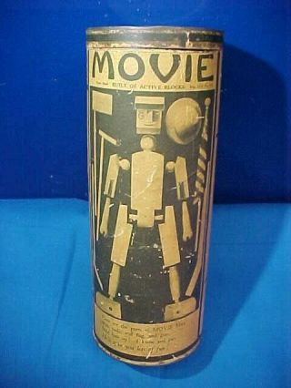 1919 Movie Man Wood Building Figural Toy In Org Can By George Borgfeldt