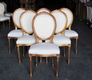 Six Stunning Gilt French Louis Xvi Dining Chairs Rosette Crest