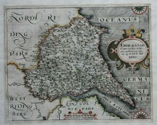 Antique atlas map EAST YORKSHIRE,  ' EBORACENSIS.  ',  Saxton & Hole,  pub.  1610 - 37 2