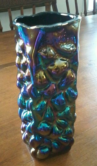 Vtg Iridescent Art Glass Vase Rectangular Black Multicolored Stunning 