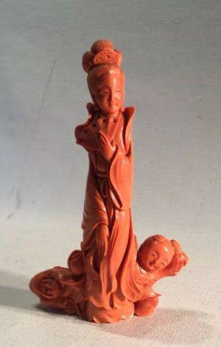 Antique Chinese Carved Salmon Fertility? Guanyin Natural Coral Figurine 315 Grms 11