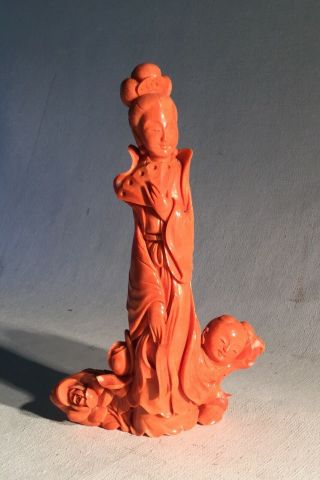 Antique Chinese Carved Salmon Fertility? Guanyin Natural Coral Figurine 315 Grms